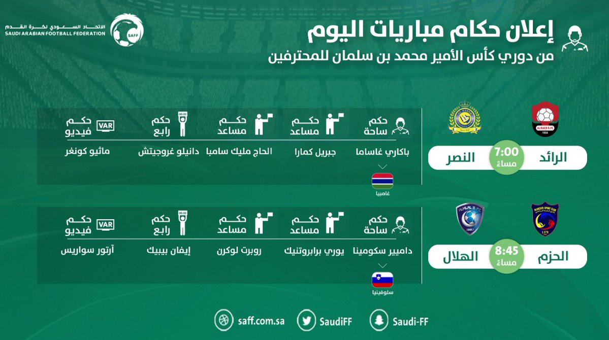 طواقم تحكيم مباريات اليوم في الدوري السعودي