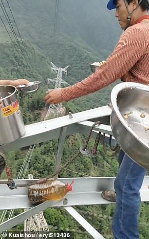 عمال كهرباء صينيون يناولون الطعام على ارتفاع 130 مترا  (1)