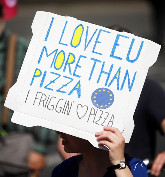 متظاهر يرفع لافتة للتعبير عن حبه للاتحاد الأوروبى