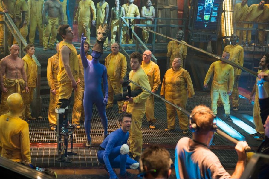 شين جن وكريستين جولويسكي وكريس برات في كواليس  Guardians of the Galaxy في 2014