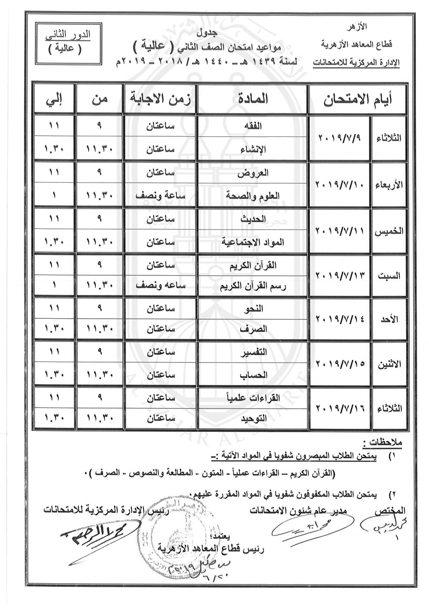 جدول-ثانية-عالية-دور-ثانى-2018-2019