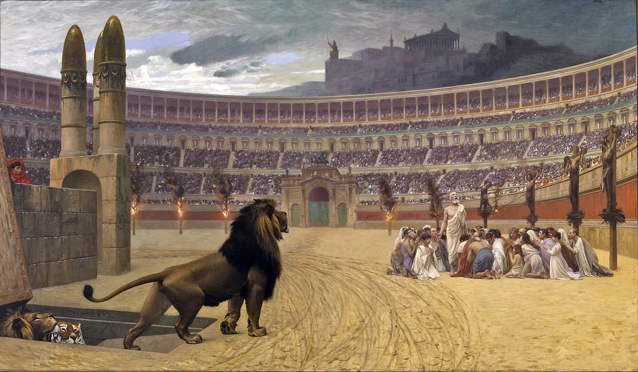 الصلاة الأخيرة لمسيحين خلال أحد حفلات التعذيب في الكولسيوم، روما لوحة لجان ليون جيروم سنة 1834.