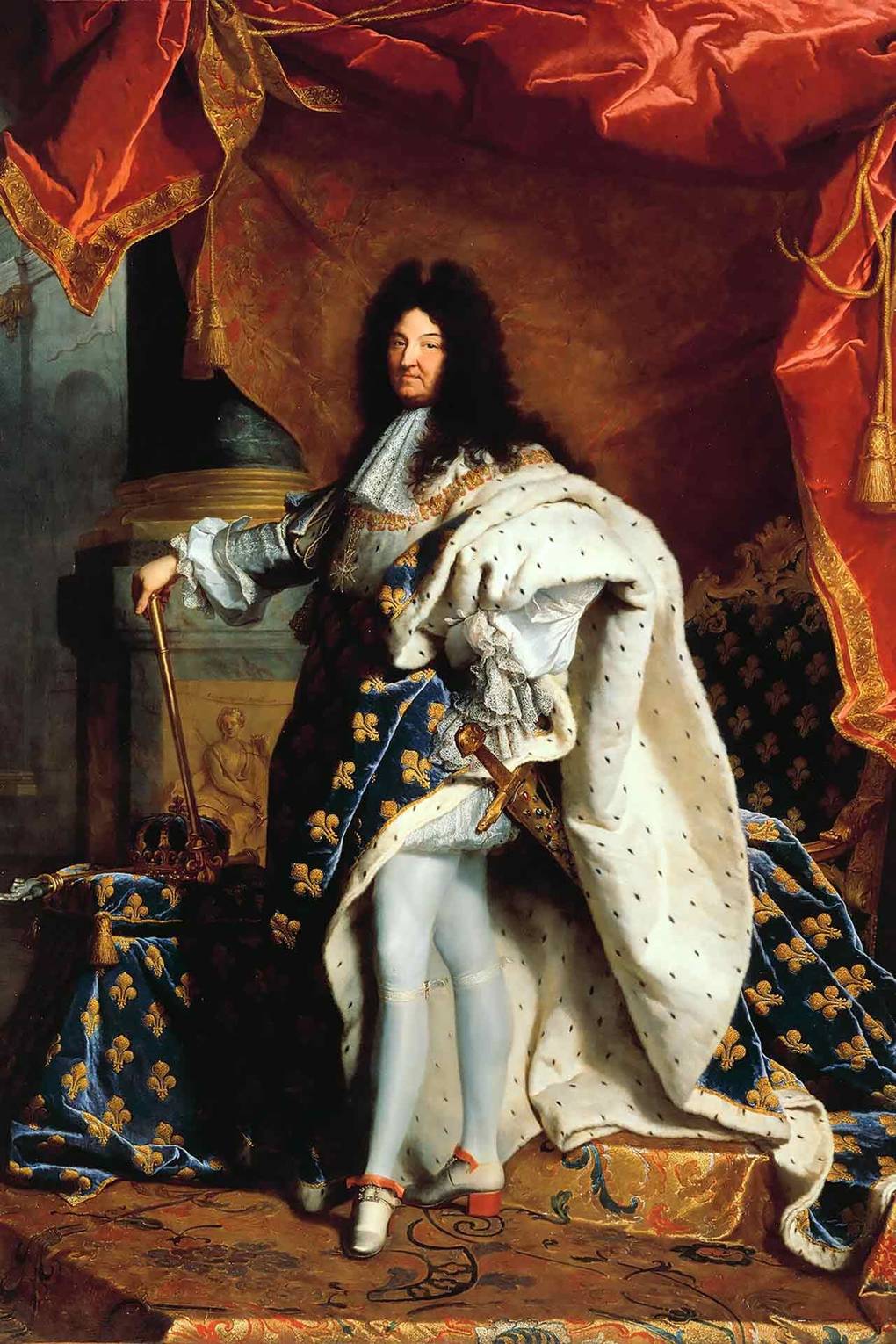 لوحة فرنسية لـ لويس الرابع عشر يرتدى حذاء قضى مطعم بالأحمر عام 1701.
