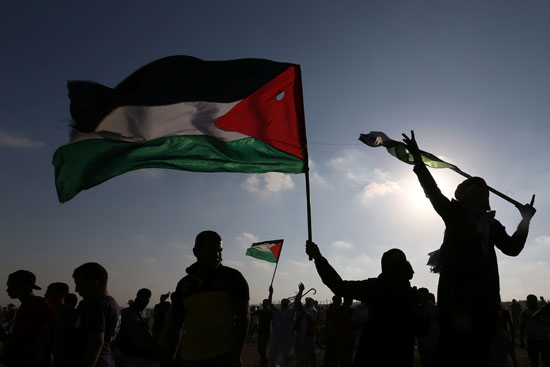 المتظاهرين يرفعون الاعلام الفلسطينية