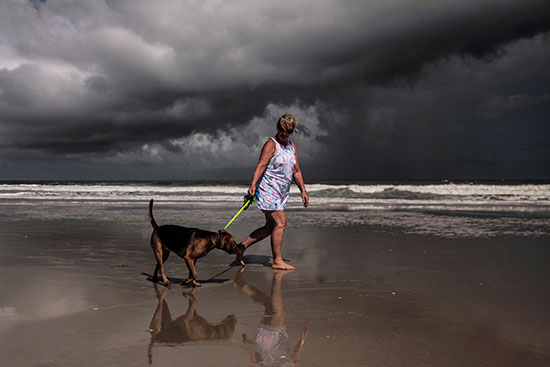 سيدة تنزه كلبها على شاطئ جزيرة أميليا قبل الإعصار