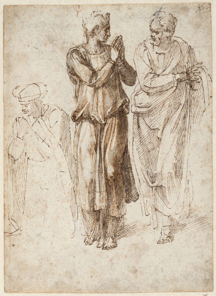ثلاثة شخصيات مصقولة ، موصولة الأيدي ، واحدة راكعة ، والأخرى تقف (1496-1503)