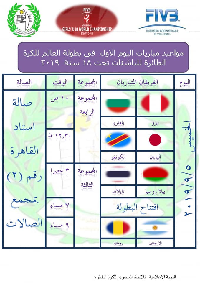 جدول بطولة كاس العالم لناشئات الطائرة