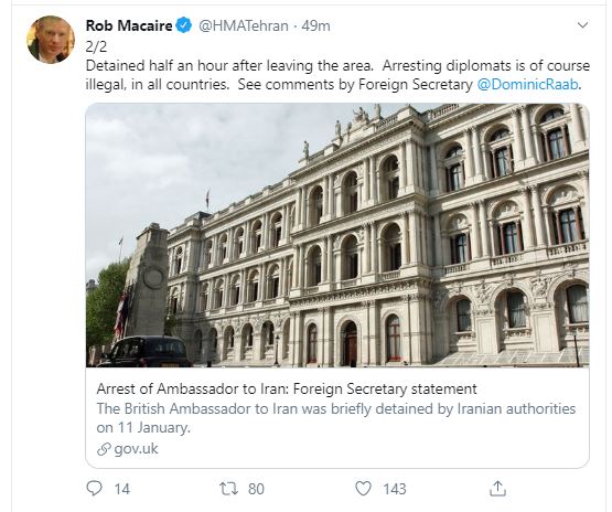 السفير البريطانى بإيران يندد باعتقاله مخالفه للقانون