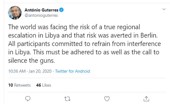 تغريدة الأمين العام للأمم المتحدة عن أزمة ليبيا
