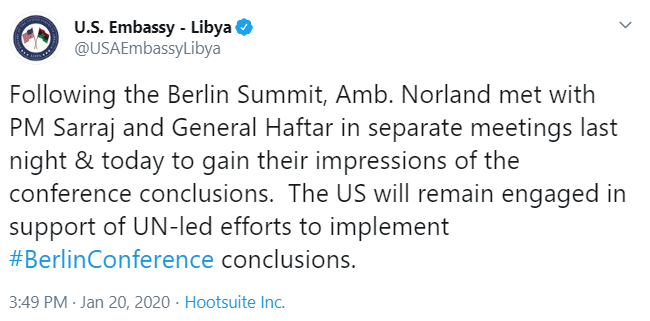 تغريدة السفارة الامريكية فى ليبيا