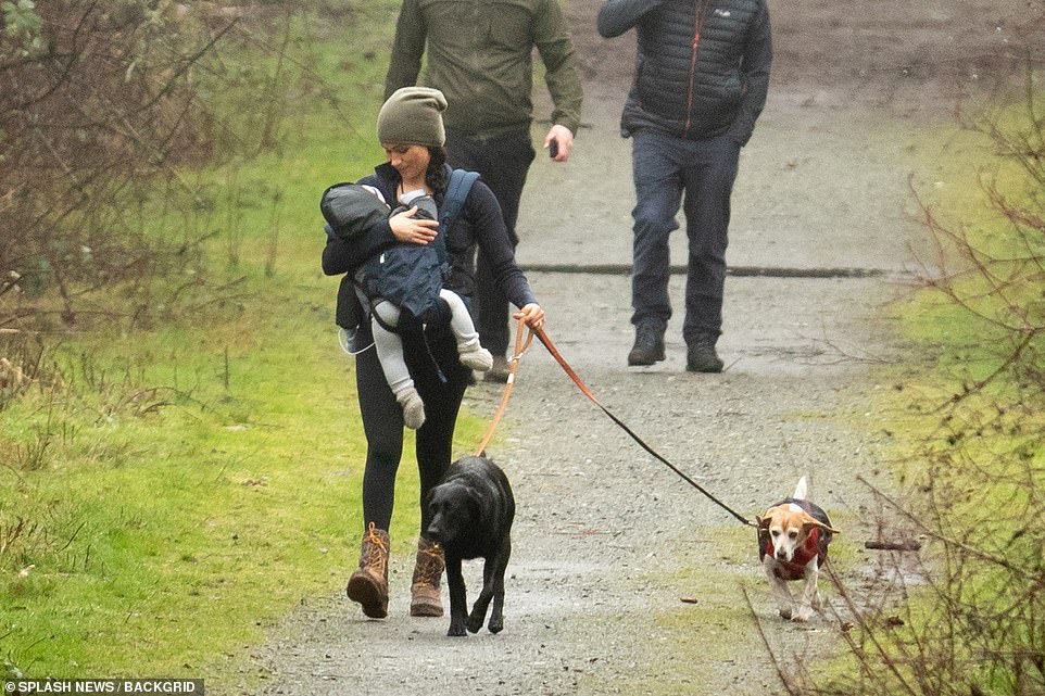 ميجان ماركل تمارس المشى مع طفلها أرتشى وكلبيها