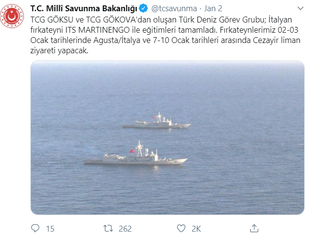 وزارة الدفاع التركية تنشر عبر تويتر رسو سفن حربية لها فى الجزائر
