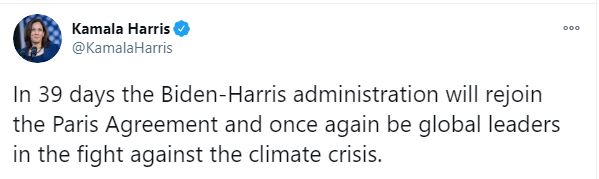 كامالا هاريس عبر تويتر حول اتفاقية باريس للمناخ
