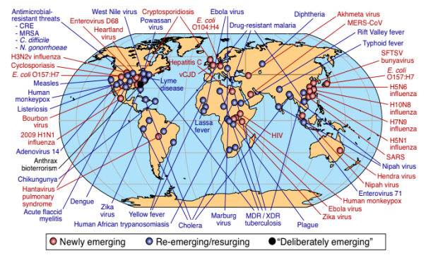خريطة من تقرير العام الماضي لأمثلة عالمية للأمراض الناشئة