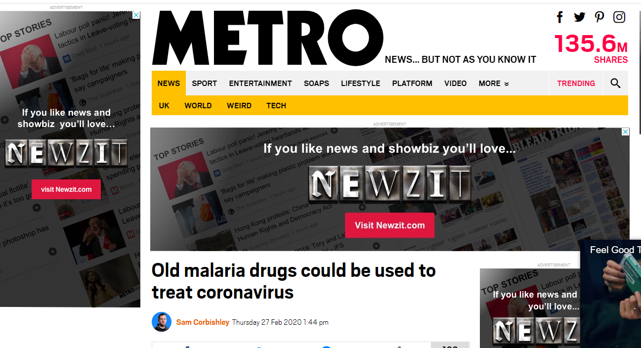صورة خبر مترو البريطانية عن عقار ملاريا ضد كورونا