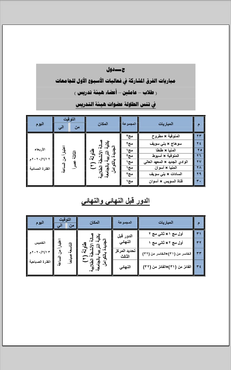 جداول الالعاب الرياضية للأسبوع الأول للجامعات المصرية (8)