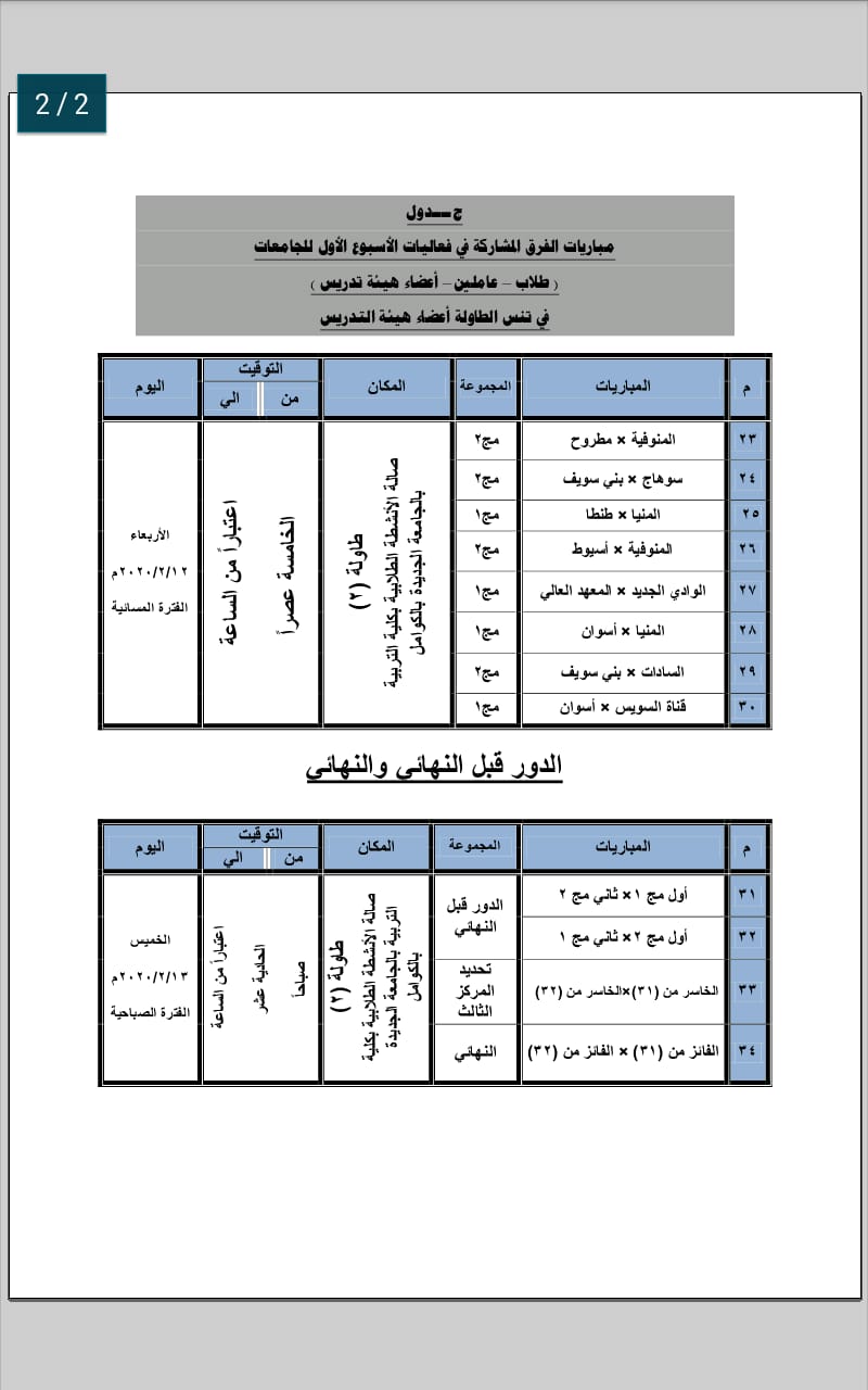 جداول الالعاب الرياضية للأسبوع الأول للجامعات المصرية (3)