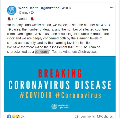 اعلان منظمة الصحة أن كورونا قد يصبح جائحة