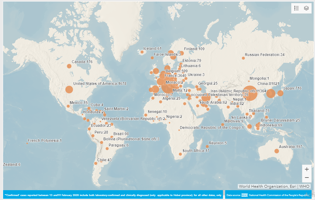خريطة انتشار فيروس كورونا فى العالم طبقا لمنظمة الصحة العالمية