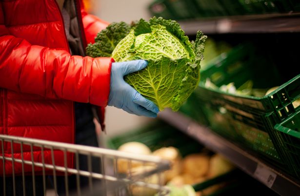 1_Woman-picking-out-savoy-cabbage-at-the-supermarket-wearing-protective-gloves