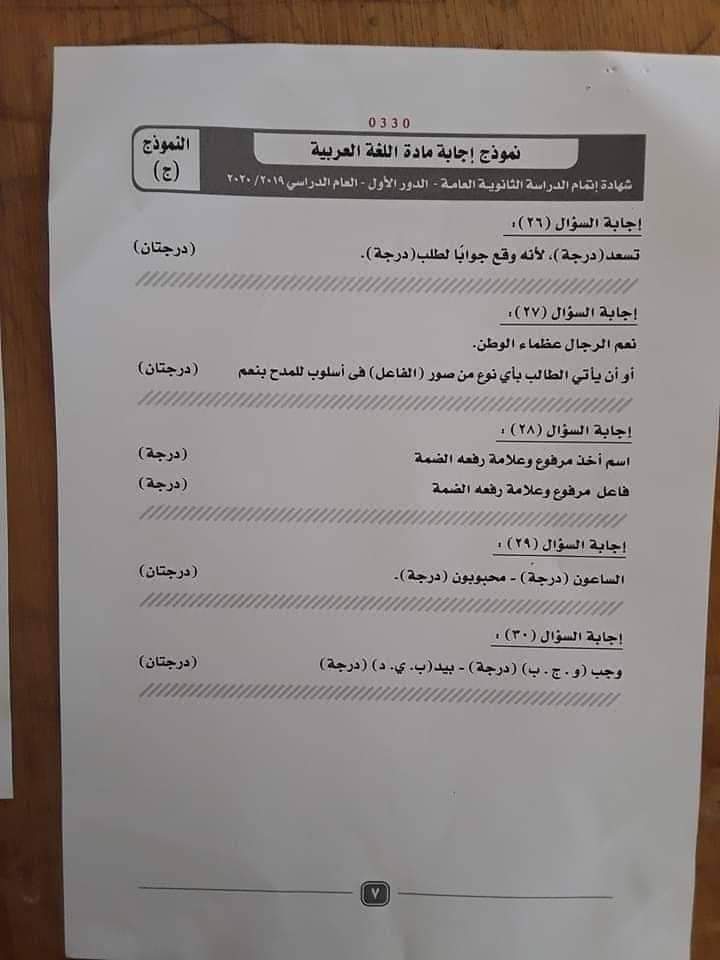 نموذج إجابة امتحان مادة اللغة العربية لطلاب الثانوية العامة  (5)