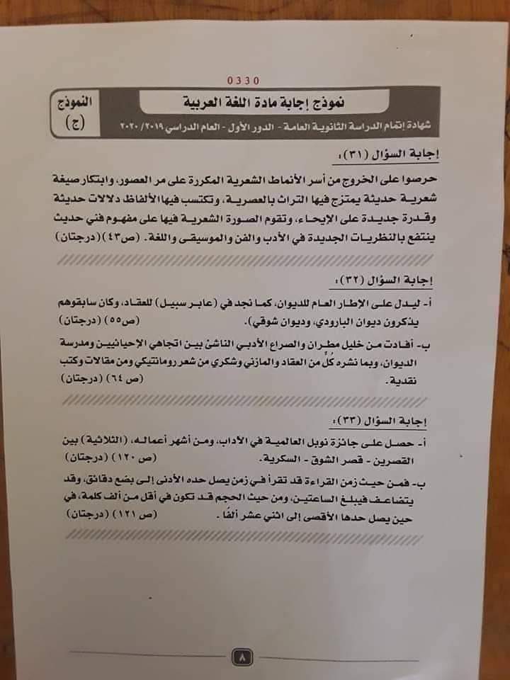 نموذج إجابة امتحان مادة اللغة العربية لطلاب الثانوية العامة  (4)