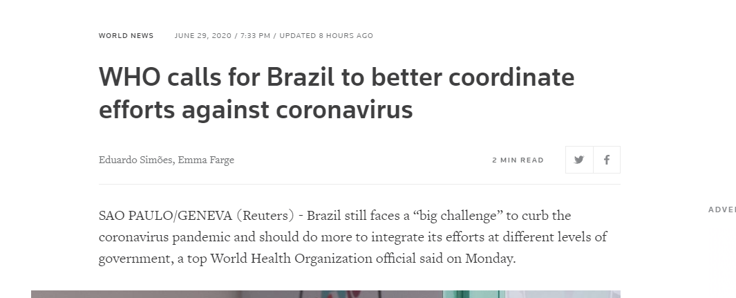 الصحة العالمية تطلب المزيد من الجهد لمحاربة كورونا فى البرازيل