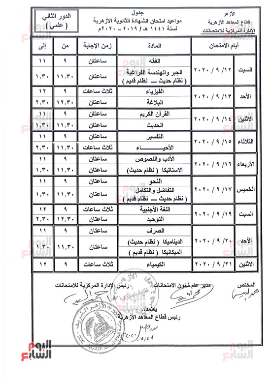 جدول امتحانات الدور الثانى للثانوية الأزهرية (1)