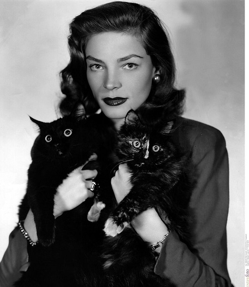 لورين باكال مع قطط سوداء توأم