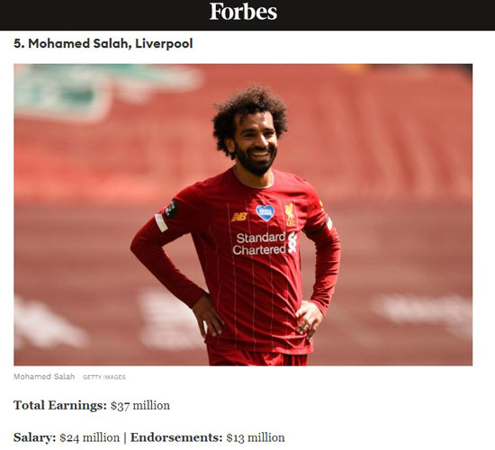 محمد صلاح الخامس بقائمة 10 أثرياء فى كرة القدم