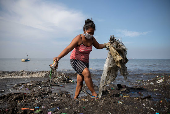 امرأة تلتقط القمامة على طول الساحل الملوث