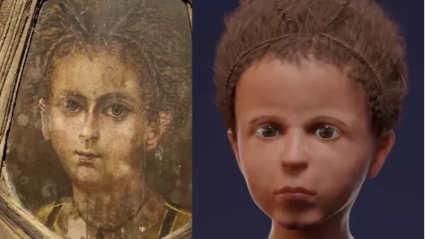 صورة مومياء الصبى المصرى القديم بجوار إعادة بناء الوجه ثلاثية الأبعاد