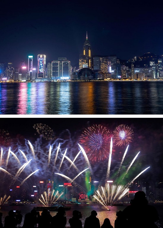 ميناء فيكتوريا في ليلة رأس السنة الجديدة لعام 2021 في هونج كونج