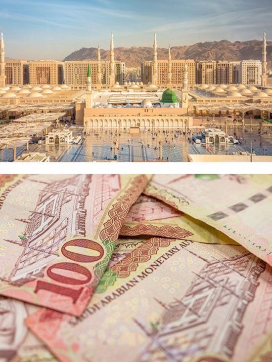 الورقة النقدية فئة 100ريال في السعودية عليها القبة الخضراء فوق المسجد النبوي