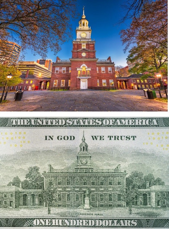 على الدولار الأمريكي قاعة الاستقلال في فيلادلفيا أحد مواقع التراث العالمي