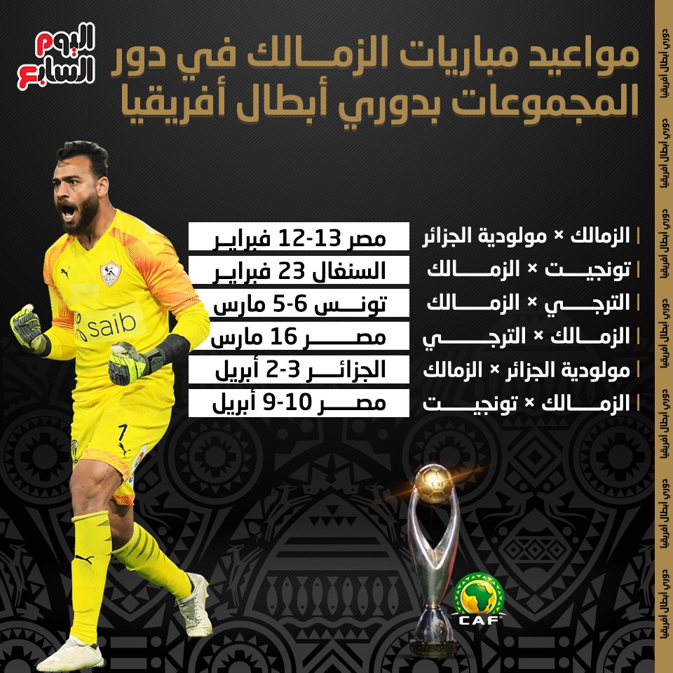 مواعيد مباريات الزمالك فى مجموعات دورى الأبطال