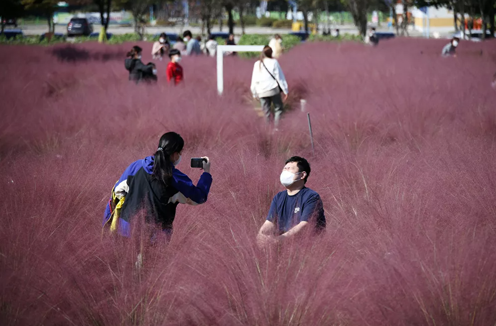شخصان يلتقطان صورة في حقل العشب المهلي وردي اللون