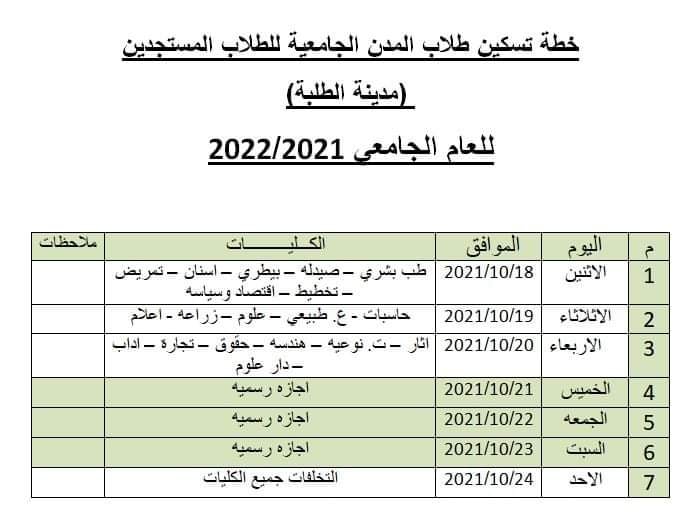 جدول تسكين لطلاب المستجدين بجامعة القاهرة