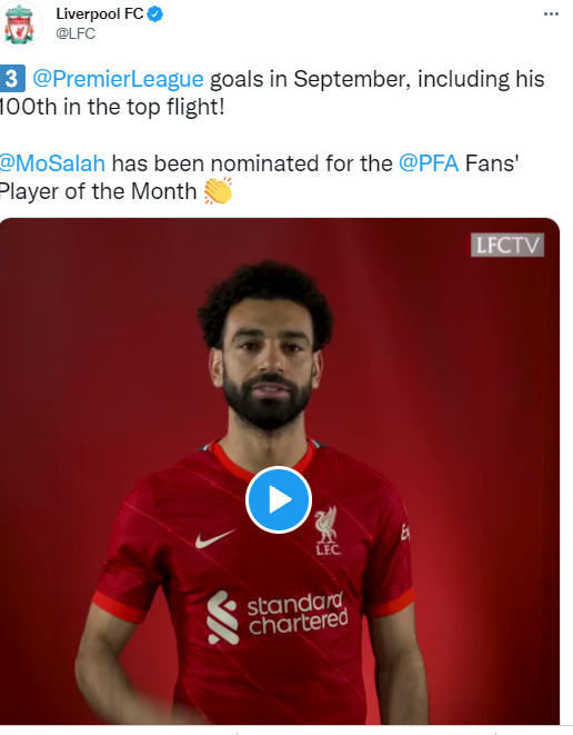 حساب ليفربول يعلن ترشح صلاح لاعب الشهر