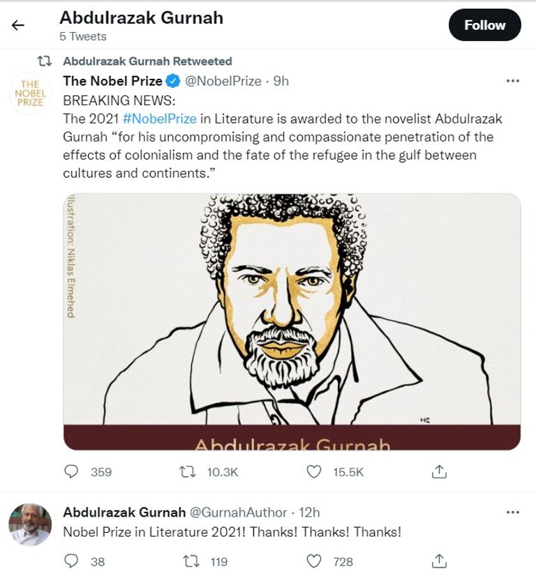 عبد الرزاق جرنة يسبق أكاديمية السويد فى إعلان فوزه بجائزة نوبل فى الأدب