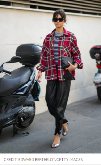 Checked jacket with leather pants
