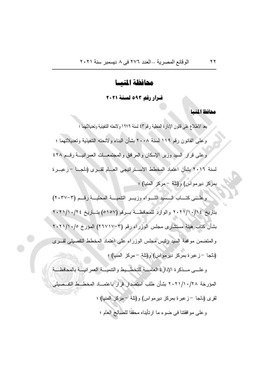 قرار محافظ المنيا باعتماد المخطط الاستراتيجي العام لعدة قرى(1)