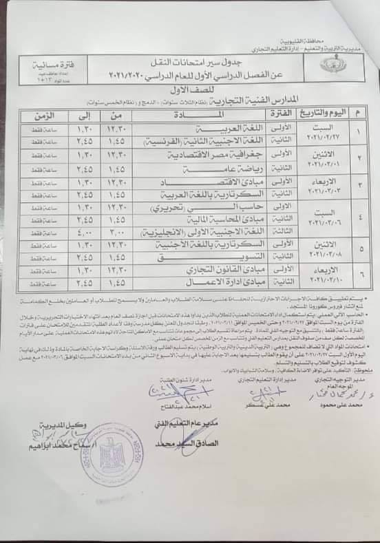 جدول المدارس الفنية التجارية نظام الـ 3 سنوات