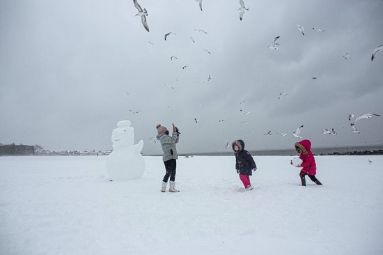 أطفال يلعبون في الثلج خلال عاصفة شتوية في شاطئ برايتون