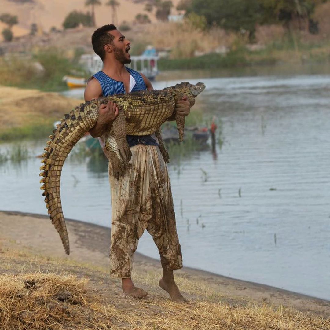 الفنان محمد رمضان يحمل تمساحا