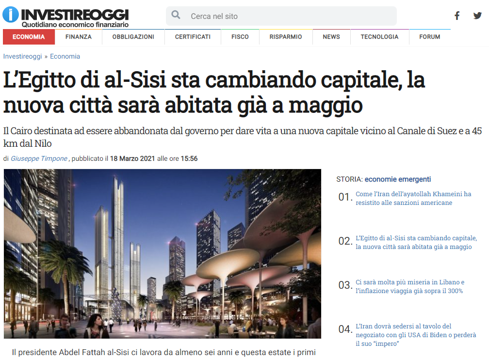جانب من تقرير الصحيفة الإيطالية عن العاصمة الإدارية