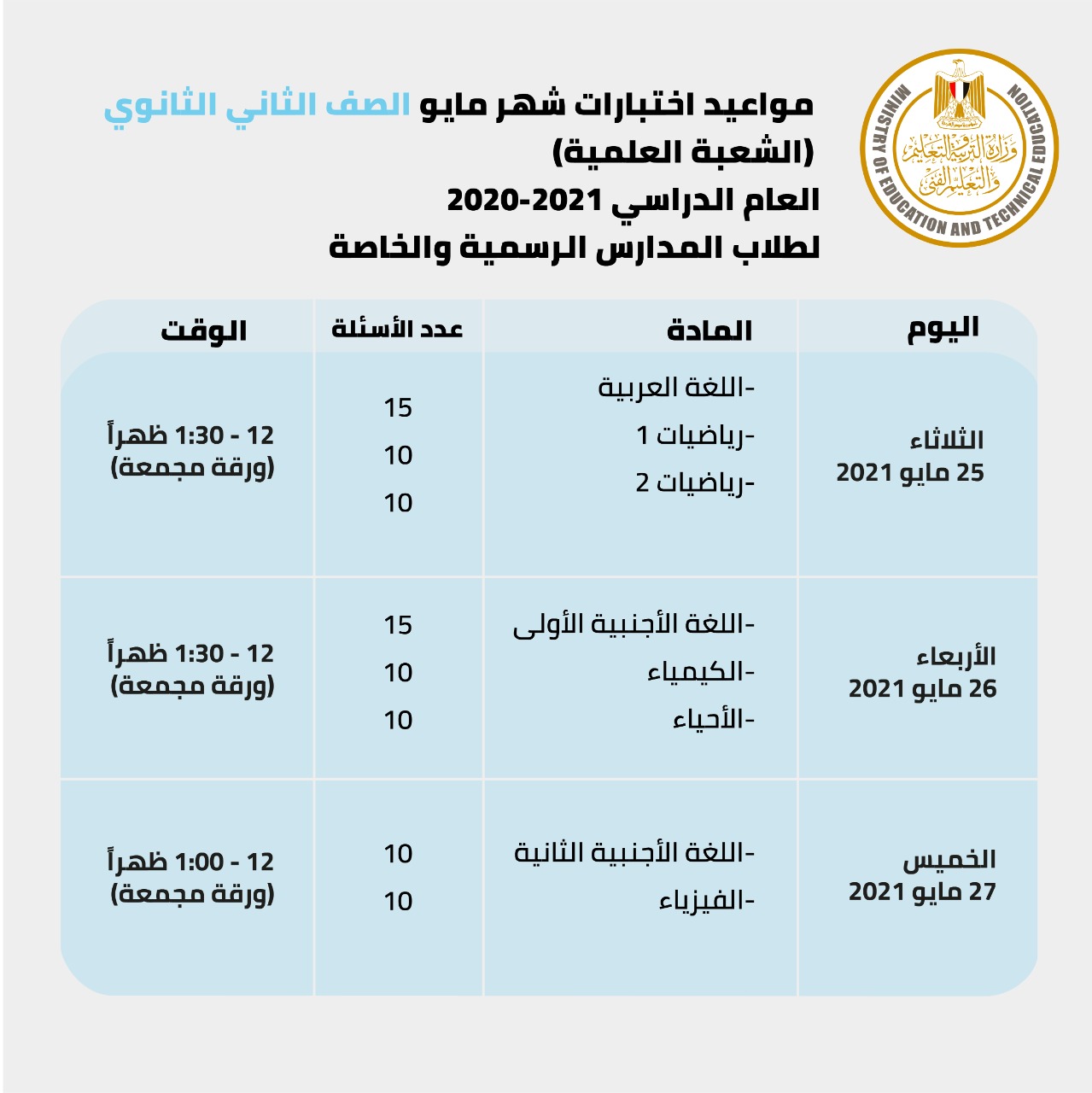 مواعيد اختبارات شهر مايو لطلاب الصف الثانى الثانوى لطلاب المدارس الرسمية والخاصة