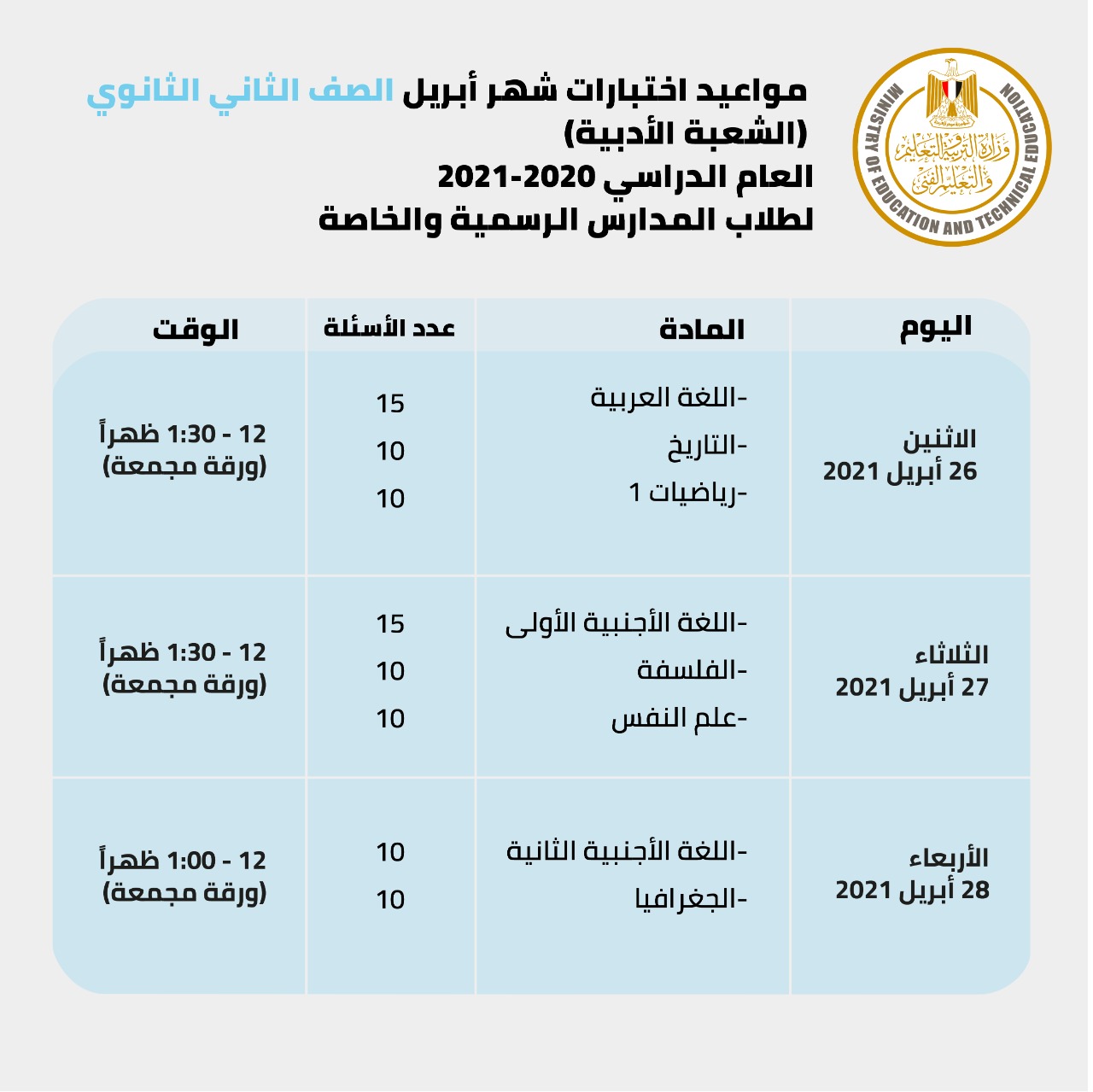 مواعيد اختبارات شهر مايو للصف الثانى الثانوى الشعب الأدبية