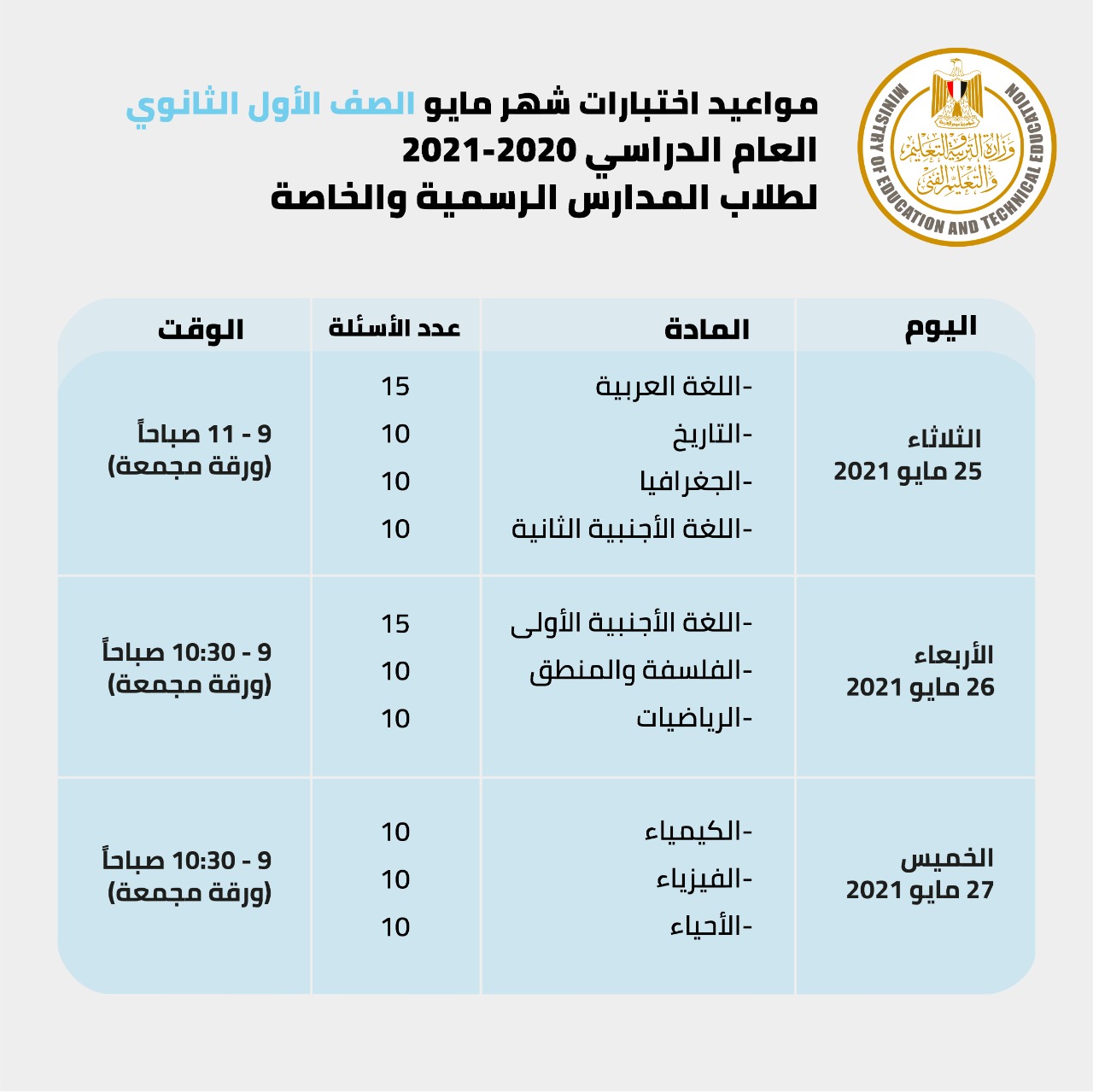 مواعيد اختبارات شهر مايو لطلاب أولى ثانوى بالمدارس الرسمية والخاصة