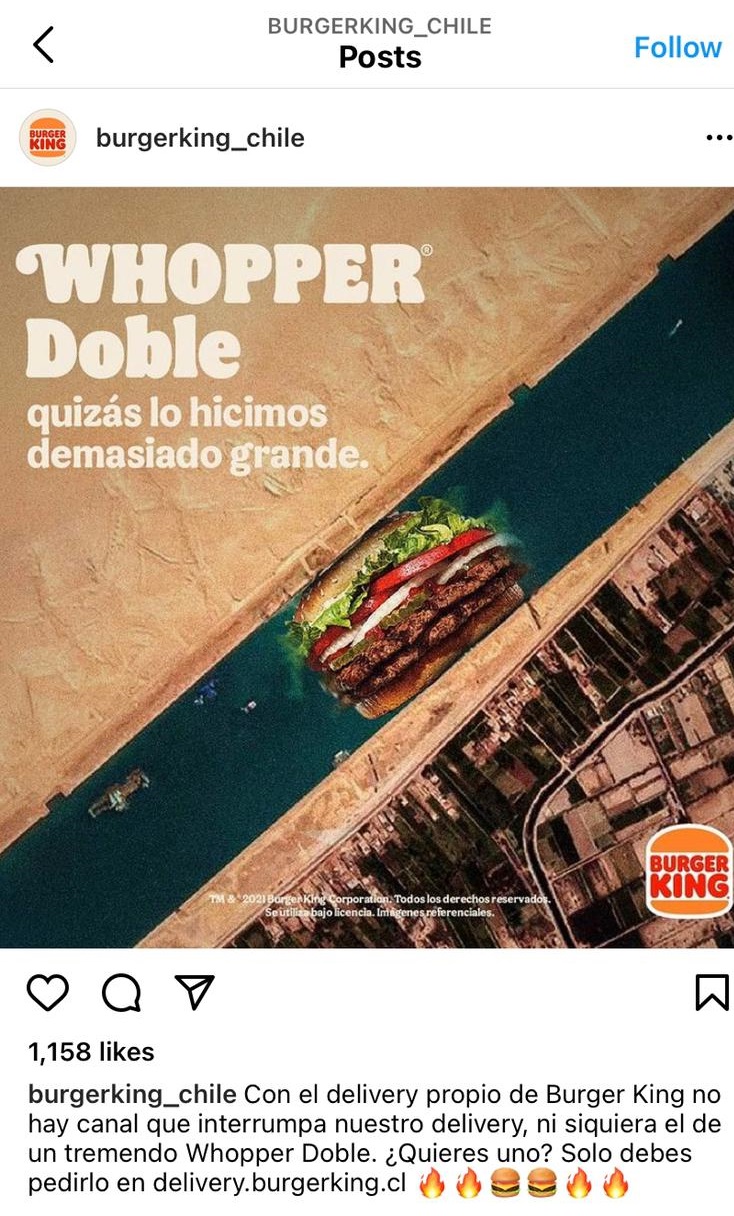 حساب لسلسلة المطاعم على انستجرام ينشر صورة الإعلان الذي يسخر من أزمة السفينة الجانحة
